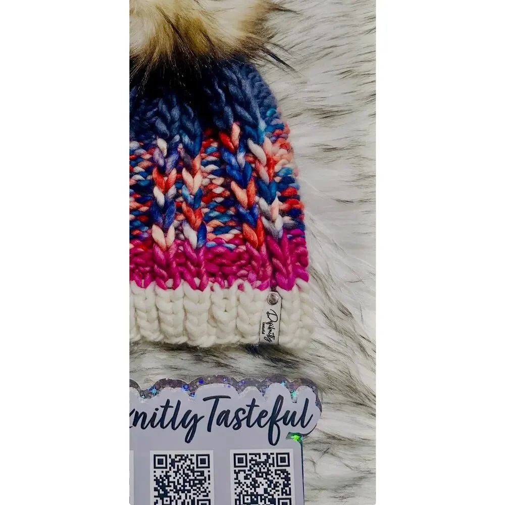 Handmade Scrappy Merino Wool Beanie: Colorful Winter Hat with Faux Fur Pom